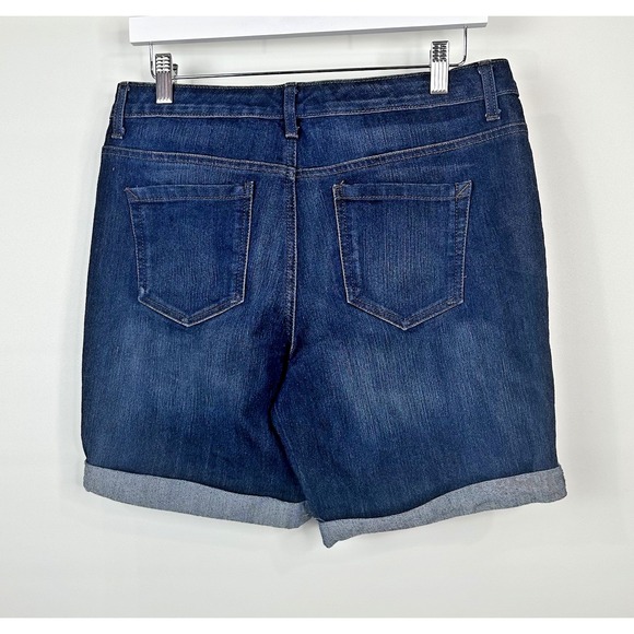 Nine West Jean Blue Denim Cuffed Shorts Whiskered Medium Wash Stretch Womens 10 - Picture 4 of 9